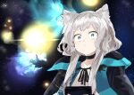  1girl animal_ears aqua_eyes arknights bangs black_ribbon book cat_ears cat_girl choker cloak galaxy holding holding_book hood hood_down hooded_cloak meme rhodes_island_logo ribbon rosmontis_(arknights) short_hair_with_long_locks sidelocks solo space space_cat_(meme) star_(sky) universe upper_body white_hair wide-eyed yoshida_horo 