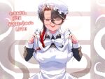  1girl ;p akirannu apron black_dress black_hair bow breasts collared_dress copyright_request dress frilled_apron frills glasses gradient_hair half-closed_eye hands_up hat highres large_breasts long_hair long_sleeves maid maid_apron mob_cap mole mole_under_mouth multicolored_hair official_art one_eye_closed red_eyes redhead round_eyewear solo tentacles tongue tongue_out translation_request white_apron white_bow white_headwear window 