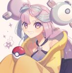  1girl bow-shaped_hair character_hair_ornament hair_ornament hexagon_print iono_(pokemon) jacket long_hair low-tied_long_hair miri_(cherryjelly) multicolored_hair oversized_clothes pink_eyes pink_hair pokemon pokemon_(game) pokemon_sv sharp_teeth sleeves_past_fingers sleeves_past_wrists solo teeth twintails two-tone_hair very_long_hair very_long_sleeves x yellow_jacket 