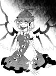  1girl animal_ears asuku_(69-1-31) bird_ears bird_wings dress earrings evil_smile fingernails frilled_dress frills greyscale hat jewelry long_fingernails long_sleeves monochrome mystia_lorelei open_mouth shaded_face sharp_fingernails short_hair single_earring sketch smile solo touhou winged_hat wings 