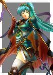  1girl aduti_momoyama armor bangs black_cape blue_eyes blue_hair boots breastplate brown_footwear brown_gloves cape closed_mouth earrings eirika_(fire_emblem) elbow_gloves faulds fire_emblem fire_emblem:_the_sacred_stones fire_emblem_heroes gloves greaves high_heel_boots high_heels highres holding holding_polearm holding_weapon jewelry leg_up light_blue_hair long_hair looking_at_viewer multicolored_cape multicolored_clothes official_alternate_costume official_alternate_hairstyle polearm ponytail red_cape shoulder_armor sidelocks skindentation smile solo spear thigh-highs weapon white_thighhighs zettai_ryouiki 
