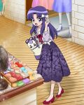  1girl bag bangs belt bow floral_print gurasan_(happinesscharge_precure!) hair_bow happinesscharge_precure! highres hikawa_iona long_hair long_skirt mirror official_art parted_bangs precure purple_hair purple_skirt red_footwear shop shoulder_bag skirt smile solo third-party_source violet_eyes 