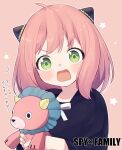  1girl anya_(spy_x_family) bangs black_dress child doll doll_hug dress female_child green_eyes hairpods highres holding holding_doll long_sleeves object_hug oosaka_rei open_mouth pink_hair spy_x_family translation_request 