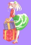  1girl aino_megumi bangs christmas commentary garland_(decoration) gift green_skirt hair_ornament happinesscharge_precure! heart heart_necklace high-waist_skirt high_heels holding holding_gift holly_hair_ornament jewelry jj_(ssspulse) leaning_forward long_sleeves medium_hair medium_skirt necklace oversized_object pink_eyes pink_hair ponytail precure purple_background red_footwear red_sweater sidelocks simple_background skirt solo sweater turtleneck 