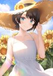  1girl aqua_eyes bangs bare_arms black_hair blurry blurry_background blush closed_mouth clouds collarbone commentary_request day dress flower hat hat_flower hego_0102 highres hololive looking_at_viewer oozora_subaru outdoors short_hair sky smile solo straw_hat sun_hat sundress sunflower sunlight upper_body white_dress 