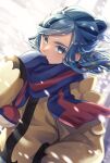  1boy blue_eyes blue_hair blue_mittens blurry blush commentary_request floating_hair grusha_(pokemon) hand_up highres jacket long_hair long_sleeves male_focus outdoors pokemon pokemon_(game) pokemon_sv scarf signature snowing solo striped striped_scarf upper_body wakame1441 yellow_jacket 