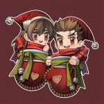  1boy 1girl :d brown_eyes brown_hair chibi dr._stone english_commentary hat ly_hao_nguyen mittens ogawa_yuzuriha ooki_taiju red_background red_scarf santa_hat scarf smile spiky_hair 