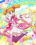  1girl balloon bangs belt blonde_hair choker corset hair_ornament heart heart_balloon heart_hair_ornament highres idol momozono_love official_art open_mouth pink_choker pink_eyes precure precure_connection_puzzlun short_sleeves short_twintails smile solo thigh-highs third-party_source twintails white_footwear wrist_cuffs 