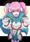  1girl :d aduti_momoyama aqua_scarf aqua_skirt bangs belt eyes_visible_through_hair fire_emblem fire_emblem:_the_blazing_blade fire_emblem_heroes flower from_above gloves hair_between_eyes hair_flower hair_ornament hands_on_hips highres jewelry long_hair long_skirt long_sleeves looking_at_viewer necklace official_alternate_costume pink_hair red_belt rose scarf serra_(fire_emblem) skirt smile solo standing twintails violet_eyes white_flower white_gloves white_rose 