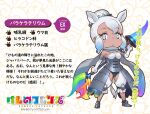  1girl animal_costume animal_ear_fluff animal_ears armor bare_shoulders blue_eyes elbow_gloves extra_ears gloves grey_hair highres kemono_friends kemono_friends_3 lance leotard long_hair looking_at_viewer official_art paraceratherium_(kemono_friends) polearm scarf solo tail weapon yoshizaki_mine 