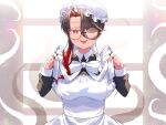  1girl ;p akirannu apron black_dress black_hair bow breasts collared_dress commentary_request copyright_request dress frilled_apron frills glasses gradient_hair half-closed_eye hands_up hat highres large_breasts long_hair long_sleeves maid maid_apron mob_cap mole mole_under_mouth multicolored_hair official_art one_eye_closed red_eyes redhead round_eyewear solo tentacles tongue tongue_out white_apron white_bow white_headwear window 