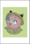  :d blue_eyes border bright_pupils clothed_pokemon commentary_request day furukawa_raku hat highres jigglypuff looking_up no_humans open_mouth outdoors pokemon pokemon_(creature) smile solo white_border white_pupils yellow_headwear 