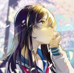  1girl bangs black_hair blue_sailor_collar blurry blurry_background brown_eyes cherry_blossoms chinese_commentary commentary_request day hair_between_eyes hand_on_own_cheek hand_on_own_face hand_up highres long_hair long_sleeves looking_up neckerchief original outdoors parted_lips petals red_neckerchief sailor_collar shirt solo upper_body white_shirt yyoumeng 
