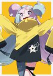  1girl :d aoi_(altea0923) bangs character_hair_ornament commentary_request green_hair grey_pantyhose hair_ornament highres iono_(pokemon) jacket long_hair multicolored_hair open_mouth outstretched_arms pantyhose pokemon pokemon_(game) pokemon_sv purple_hair sharp_teeth single_leg_pantyhose smile solo teeth thigh_strap twintails two-tone_hair upper_teeth violet_eyes yellow_jacket 