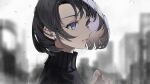  1girl absurdres black_hair black_sweater bob_cut colored_inner_hair crying crying_with_eyes_open earrings from_side glint hand_up highres jewelry multicolored_hair original parted_lips profile rain sogawa solo sweater tears turtleneck turtleneck_sweater violet_eyes 