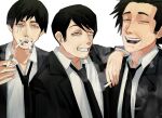  3boys aldo_(chainsaw_man) black_hair black_jacket black_necktie chainsaw_man cigarette cigarette_in_nose formal holding holding_cigarette jacket joey_(chainsaw_man) laughing looking_at_viewer looking_to_the_side multiple_boys necktie open_mouth scar scar_across_eye sealc4nfly shirt short_hair simple_background smile smoke smoking suit unnamed_eldest_brother_(chainsaw_man) white_background white_shirt 