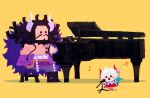  1boy 1girl absurdres aged_down blue_coat coat father_and_daughter fur_coat gradient_hair highres horns instrument japanese_clothes kaidou_(one_piece) long_hair microphone_stand multicolored_hair music one_piece oni oni_horns piano playing_instrument playing_piano ponytail rope shimenawa singing sugiyama_(yookoisei) toon_(style) topless_male yamato_(one_piece) yellow_background 