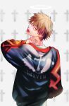  1boy akiharu_(nanjaaaaa) blonde_hair chainsaw_man cross denji_(chainsaw_man) halo hand_in_pocket highres jacket letterman_jacket looking_at_viewer looking_back open_mouth sharp_teeth short_hair simple_background solo teeth tombstone tongue tongue_out white_background yellow_eyes 
