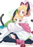  2girls :&lt; animal_ear_headphones animal_ears bangs black_skirt black_thighhighs blonde_hair blue_archive bow cat_ear_headphones cat_tail check_commentary coat commentary_request crying crying_with_eyes_open dot_nose fake_animal_ears green_bow green_eyes hair_bow halo headphones highres hooded_coat hug legs light_blush long_sleeves looking_at_another looking_away midori_(blue_archive) momoi_(blue_archive) multiple_girls on_floor open_mouth oversized_clothes pink_eyes pink_footwear red_bow shirt short_hair siblings sisters sitting skirt smile tail tears teeth thigh-highs thighs tibaridooor twins upper_teeth wariza white_background white_coat white_shirt 