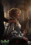  1girl blonde_hair ciri denikina european_clothes from_side gwent_(game) highres holding holding_scepter looking_ahead royal_robe scepter sitting the_witcher_(series) watermark 