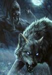  animal fog full_moon fur glowing glowing_eyes gwent_(game) highres looking_ahead moon night night_sky no_humans non-web_source rock sky the_witcher_(series) tree wolf 