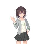  blue_eyes brown_hair green_skirt grey_jacket grin jacket looking_ahead looking_at_viewer medium_hair official_art princess_connect! shirt skirt smile tomo_(princess_connect!) transparent_background waving white_shirt 