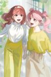  2girls :d bangs brown_eyes brown_skirt celica_(fire_emblem) double_bun earrings fire_emblem fire_emblem_echoes:_shadows_of_valentia floating_hair hair_behind_ear hair_bun hairband highres holding_hands jewelry long_hair looking_at_another mae_(fire_emblem) multiple_girls open_mouth pants pink_hair redhead shirt shirt_tucked_in skirt smile twintails white_hairband white_shirt yama0109 yellow_pants yellow_shirt 