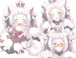  ... 1girl animal_ear_fluff animal_ears bangs blush cat_ears closed_eyes closed_mouth crown fur_trim grey_hair hashiguma hololive long_hair long_sleeves multiple_views murasaki_shion one_eye_closed open_mouth orange_eyes puffy_long_sleeves puffy_sleeves simple_background spoken_ellipsis tearing_up white_background yawning 