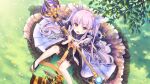  1girl branch day grass holding holding_wand kyouka_(princess_connect!) long_hair looking_at_viewer looking_up official_art princess_connect! sitting twintails wand 