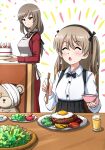  2girls bandages bangs birthday_cake black_bow black_bowtie black_ribbon black_skirt blazer boko_(girls_und_panzer) bow bowl bowtie brown_eyes cake casual chopsticks closed_eyes closed_mouth collared_shirt commentary cup dress_shirt drinking_glass eating egg_(food) food formal girls_und_panzer hair_ribbon hamburger_steak happy high-waist_skirt high_collar highres holding holding_bowl holding_cake holding_chopsticks holding_food jacket jumpsuit lettuce light_brown_hair light_rays long_hair long_skirt long_sleeves looking_at_another low-tied_long_hair mother_and_daughter multiple_girls neck_ribbon omachi_(slabco) one_side_up open_mouth orange_jumpsuit plate red_jacket red_skirt ribbon rice shimada_arisu shimada_chiyo shirt sitting skirt skirt_suit smile standing stuffed_animal stuffed_toy suit suspender_skirt suspenders table teddy_bear white_shirt 