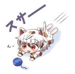  1girl animal_ears barefoot bell blush cat_ears cat_tail goutokuji_mike hair_between_eyes jingle_bell multicolored_hair orange_eyes patch rokugou_daisuke short_hair short_sleeves shorts signature simple_background solo streaked_hair tail tongue tongue_out touhou white_background white_hair white_shorts 