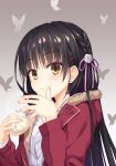 1girl 8kumagawa_(log) :&lt; :t bangs baozi black_hair blush braid butterfly_background cafe_stella_to_shinigami_no_chou dot_nose earrings eating eyebrows_hidden_by_hair eyelashes finger_to_mouth fingernails flower food fur_collar gradient gradient_background hair_between_eyes hair_ribbon hands_up holding holding_food jacket jewelry long_hair long_sleeves looking_at_viewer mole mole_under_eye multiple_hairpins open_clothes open_hand purple_ribbon red_jacket ribbon shiki_natsume shirt side_braid sidelocks simple_background solo standing straight_hair stud_earrings white_flower white_shirt yellow_eyes 