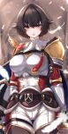  1girl absurdres armor belt breastplate breasts brown_hair cape earrings endo_yohane feathers fiorayne_(monster_hunter) gauntlets highres jewelry large_breasts monster_hunter_(series) monster_hunter_rise pants red_eyes shield solo sword weapon white_pants 