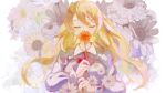  1girl blonde_hair closed_eyes dress facing_viewer flower flower_over_mouth grey_dress highres long_hair long_sleeves original sion001250 smelling_flower solo 