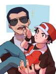  2boys absurdres baseball_cap black_hair closed_mouth commentary_request giovanni_(pokemon) green_pants hat highres jacket male_focus mouth_pull multiple_boys pants pokemon pokemon_(game) pokemon_frlg red_(pokemon) red_headwear red_jacket shirt short_hair short_sleeves sleeveless sleeveless_jacket sparkle sunglasses t-shirt wanineko2001 