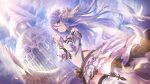  bird bird_wings blue_eyes blue_sky clouds cloudy_sky dove feathered_wings hair_ornament long_hair official_art one_eye_closed princess_connect! purple_hair shizuru_(princess_connect!) sky vambraces wings 