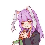  1586611428 1girl animal_ears black_jacket carrot closed_eyes closed_mouth collared_shirt crescent crescent_pin eating food holding holding_carrot holding_food jacket long_hair long_sleeves necktie pink_hair rabbit_ears red_necktie reisen_udongein_inaba shirt simple_background solo touhou white_background white_shirt 
