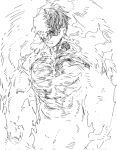  1boy agni_(fire_punch) black_hair burning fire fire_punch greyscale highres khentaiu monochrome muscular muscular_male nude short_hair simple_background solo white_background 