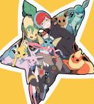  1girl absurdres aduti_momoyama aqua_hair bangs black_hoodie boots closed_mouth commentary_request eevee espeon flareon glaceon glasses grey_eyes hand_in_pocket highres holding holding_poke_ball hood hoodie jolteon leafeon looking_at_viewer multicolored_hair pantyhose penny_(pokemon) poke_ball poke_ball_(basic) pokemon pokemon_(creature) pokemon_(game) pokemon_sv redhead round_eyewear short_hair smile sylveon two-tone_hair umbreon vaporeon 