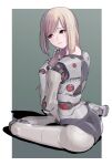  1girl absurdres android blonde_hair brown_eyes highres joints long_hair original playing_with_own_hair robot_joints simple_background sitting solo sukabu 