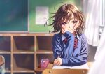  1girl blue_sweater blurry blurry_foreground bow brown_eyes brown_hair chair collared_shirt commentary_request curtains day depth_of_field desk diagonal-striped_bow highres holding holding_pencil indoors long_sleeves looking_at_viewer morikura_en original pencil pencil_case red_bow school_chair school_desk school_uniform shirt sleeves_past_wrists solo sunlight sweater upper_body white_shirt window 