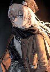  1girl brown_jacket closed_mouth collared_shirt girls_frontline grey_eyes hair_between_eyes hat highres jacket light_brown_hair looking_at_viewer looking_to_the_side mik_blamike open_clothes open_jacket open_mouth scar-l_(girls'_frontline) scarf shirt smile solo upper_body white_shirt 