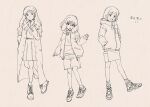  3girls clothes glasses hood hoodie jacket long_hair luna_(mujin_wakusei_survive) menori mujin_wakusei_survive multiple_girls paper_texture rakikoko sharla_(mujin_wakusei_survive) shoes short_hair shorts skirt smile trench_coat 