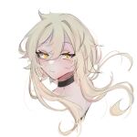  1girl black_collar blonde_hair closed_mouth collar genshin_impact hair_between_eyes long_hair looking_at_viewer lowres lumine_(genshin_impact) portrait simple_background solo user_siffo white_background yellow_eyes 