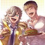  2boys arven_(pokemon) bangs blonde_hair blue_eyes blush burger closed_eyes food granblue_fantasy highres holding holding_food holding_plate large_pectorals male_focus multiple_boys muscular muscular_male necktie open_clothes open_mouth open_vest pectorals plate pokemon pokemon_(game) pokemon_sv shirt short_hair smile vane_(granblue_fantasy) vest white_shirt yellow_vest zanki 