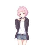  belt black_belt black_choker bob_cut brown_jacket choker finger_to_mouth jacket looking_ahead looking_at_viewer official_art pink_hair princess_connect! shirt short_shorts shorts tachi-e transparent_background white_shirt yuki_(princess_connect!) 