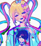  1girl ame-chan_(needy_girl_overdose) bangs blonde_hair blue_bow blue_eyes blue_hair blue_shirt bow chouzetsusaikawa_tenshi-chan chromatic_aberration glitch hair_bow highres holding holding_photo iei kongzhi426 long_sleeves looking_at_viewer multicolored_hair needy_girl_overdose open_mouth photo_(object) picture_frame pink_bow pink_hair portrait_(object) purple_bow quad_tails sailor_collar school_uniform serafuku shirt simple_background smile solo standing twintails upper_body white_background 