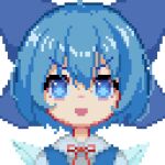  1586611428 1girl blue_bow blue_dress blue_eyes blue_hair bow cirno collared_shirt dress hair_bow looking_at_viewer neck_ribbon open_mouth pixel_art red_ribbon ribbon shirt short_hair simple_background smile solo touhou upper_body v-shaped_eyebrows white_background white_shirt wings 