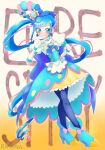  1girl apron artist_name blue_eyes blue_hair blue_pantyhose brooch character_name cure_spicy delicious_party_precure dress earrings elbow_gloves full_body fuwa_kokone gloves gradient gradient_background heart_brooch highres huge_bow jewelry kasuga_rurito long_hair magical_girl pantyhose precure short_sleeves signature smile solo very_long_hair white_gloves yellow_background 