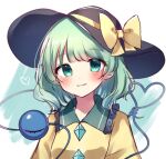  1girl black_headwear bow closed_mouth green_eyes green_hair hat hat_bow heart heart_of_string komeiji_koishi looking_at_viewer moshihimechan short_hair smile solo third_eye touhou upper_body yellow_bow 